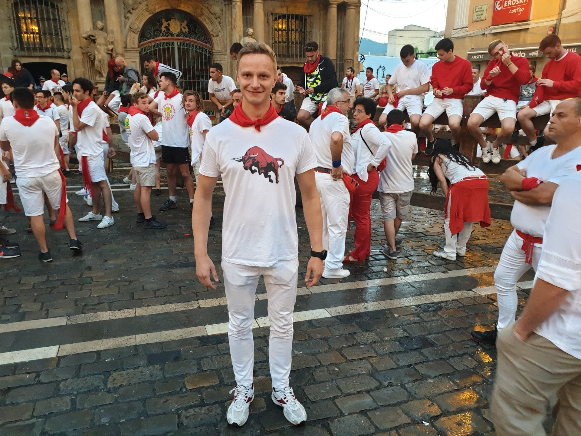 Running of the bulls street scene in Pamplona, Spain