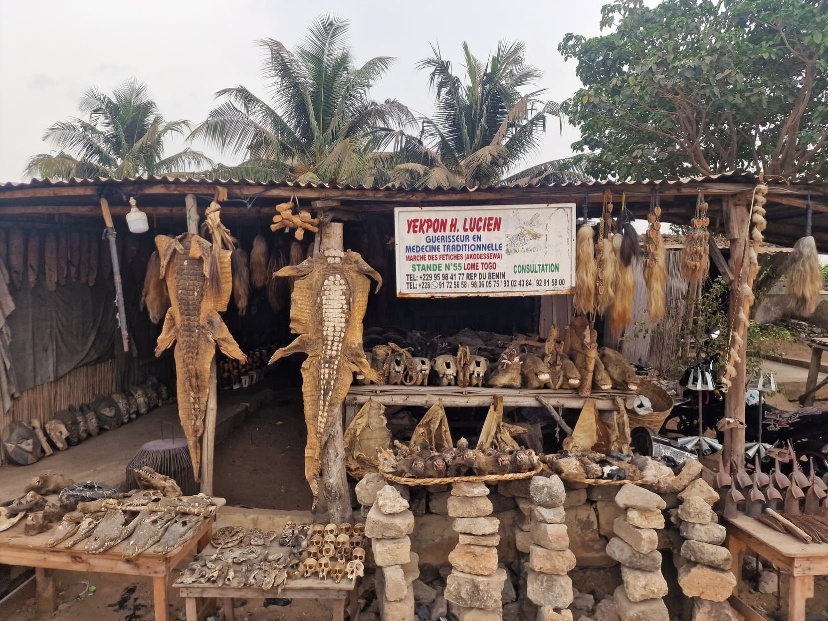 A signed stall of dried animal parts under a thatched roof at Akodessawa fetish market, Lomé, Togo