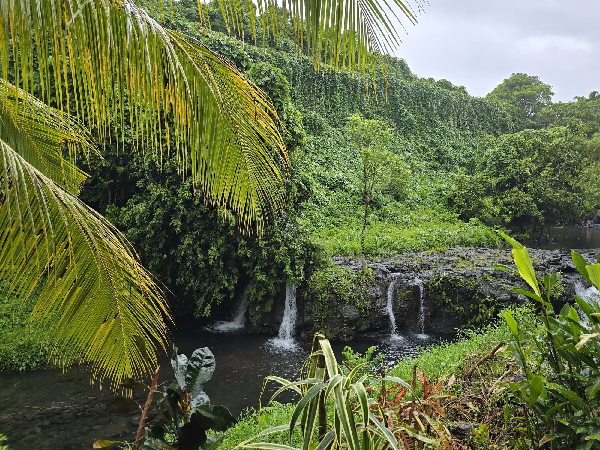 Twin falls into the green swimming pool at Afu Aau