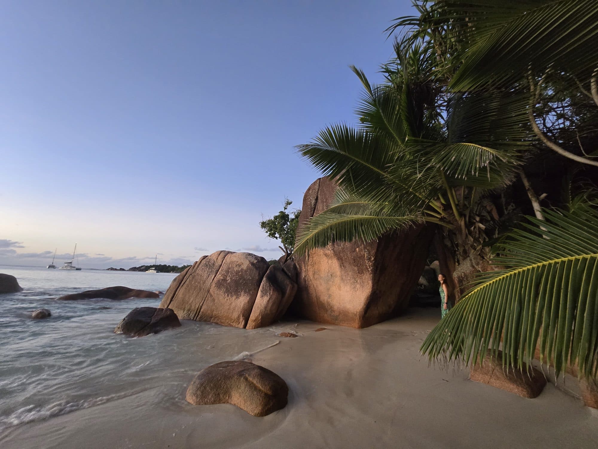 Granite boulders and overhanging palms at the end of Anse Lazio, Praslin, Seychelles