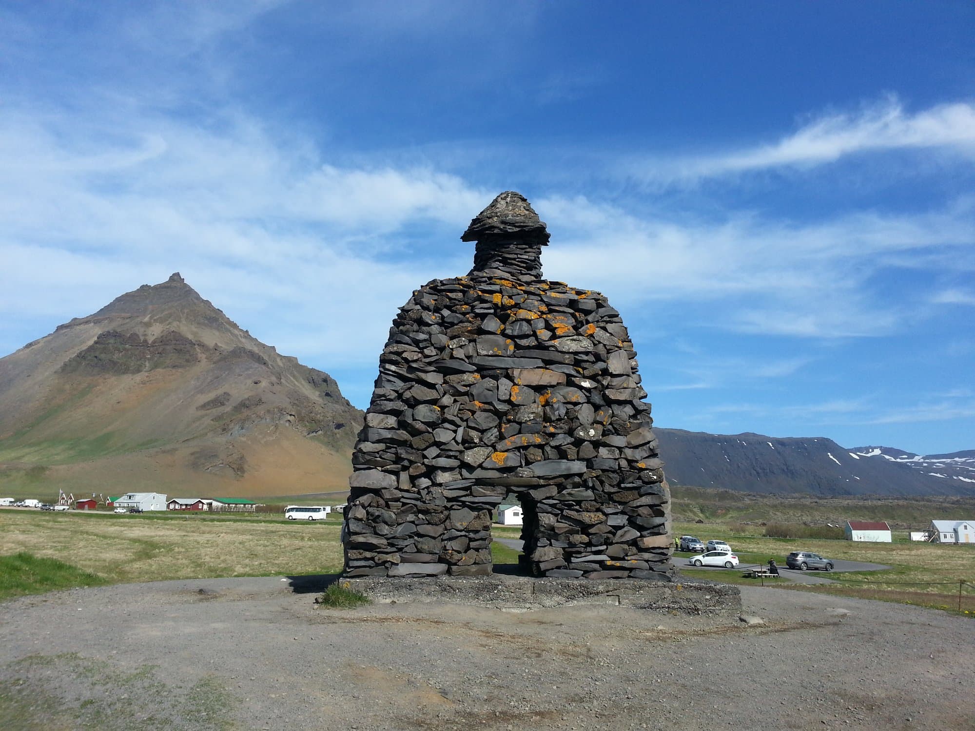 The stone Bárður statue above the coast at Arnarstapi, Snæfellsnes