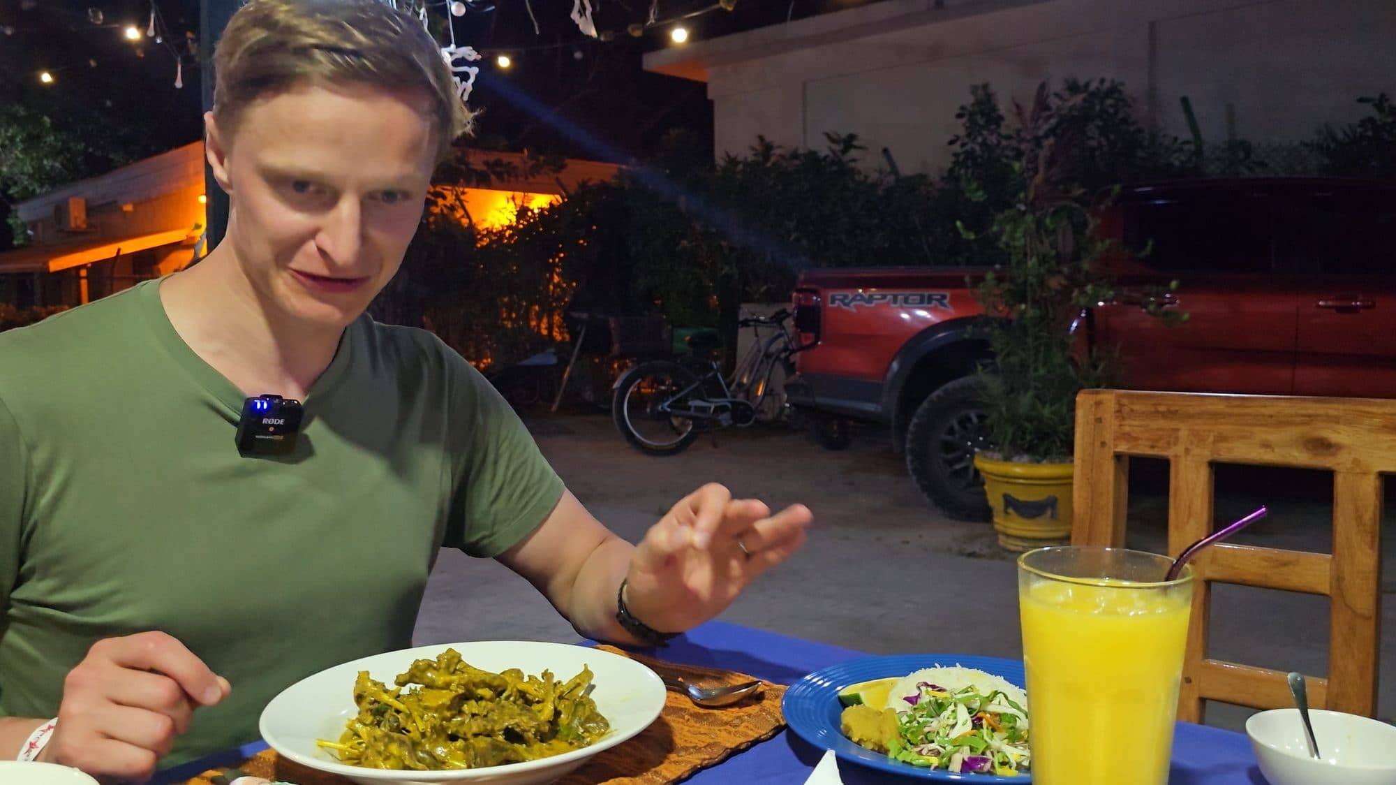 A plate of fruit bat curry at an outdoor table, Seychelles
