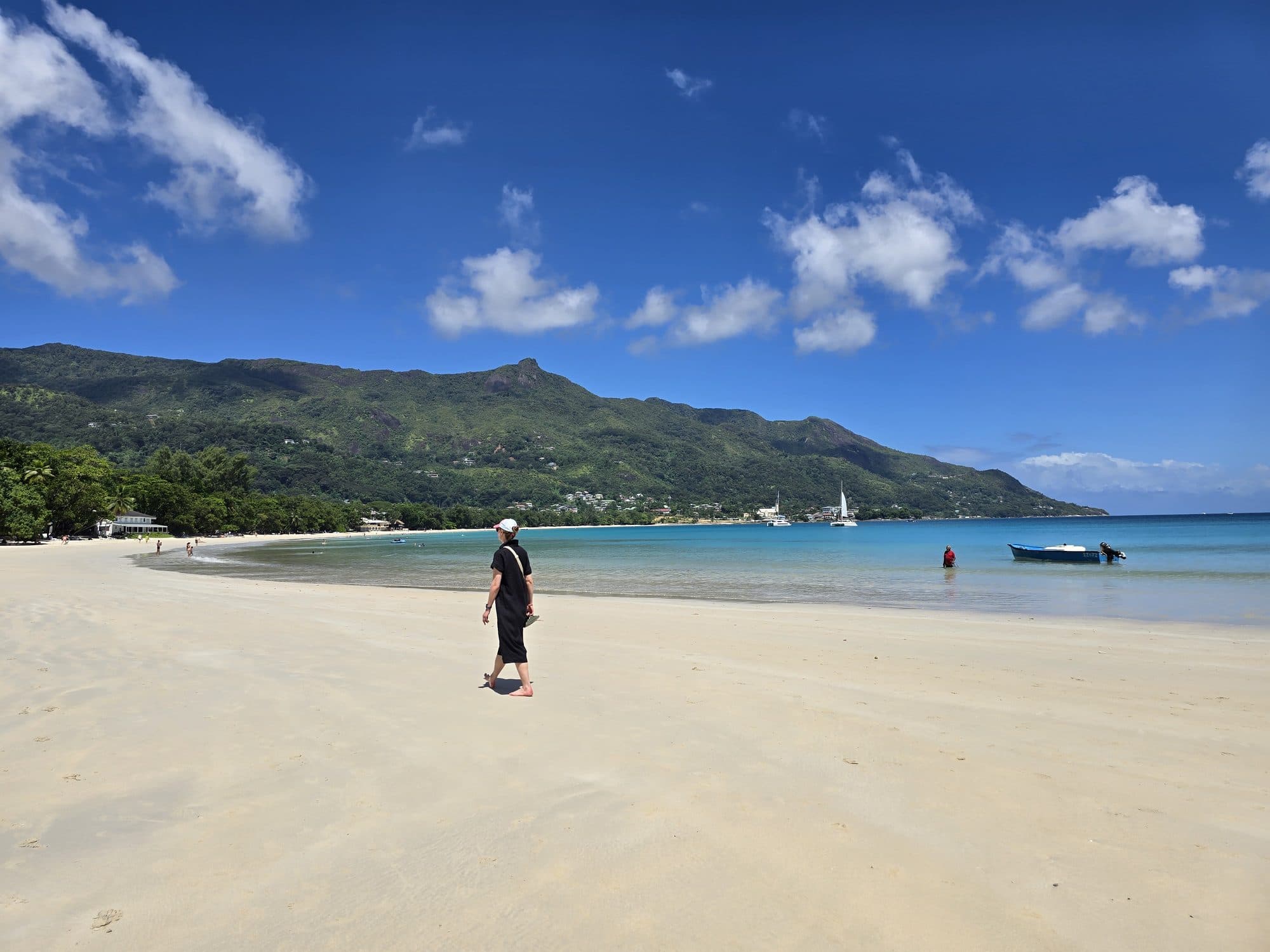 Beau Vallon beach and the green ridge behind it, Mahé, Seychelles