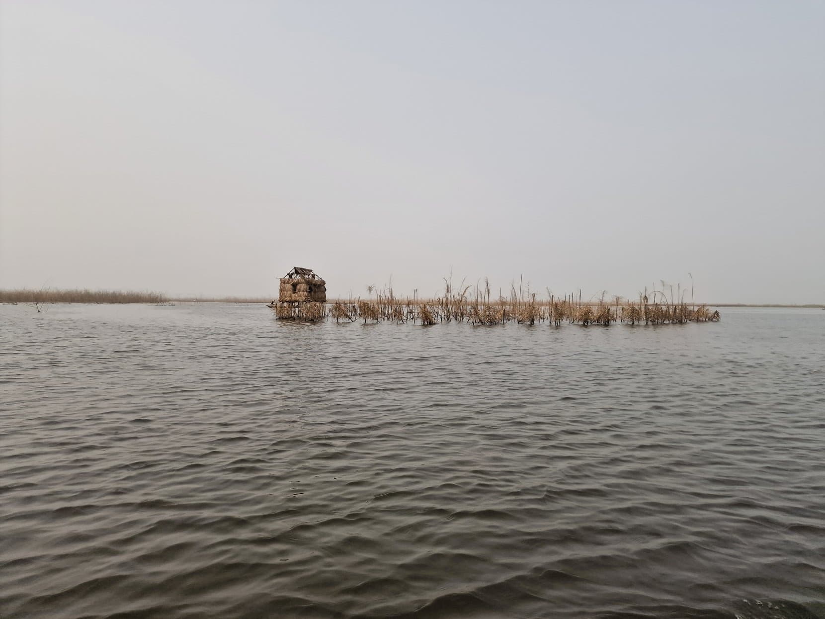 A small thatched hut on stilts ringed by reed fencing on open water, a fish enclosure on Lake Nokoué, Benin