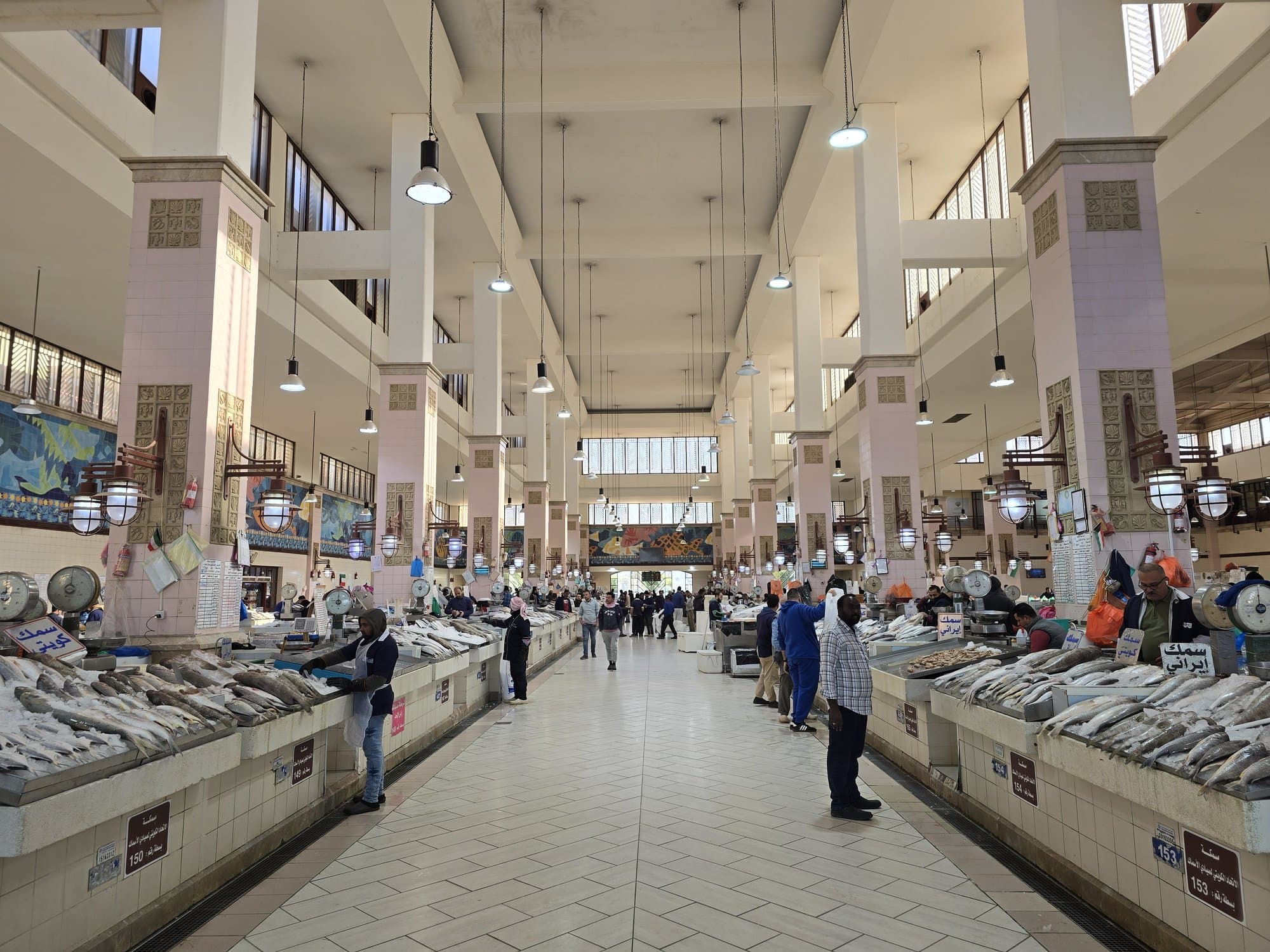 The fish market hall with the day's catch on the counters