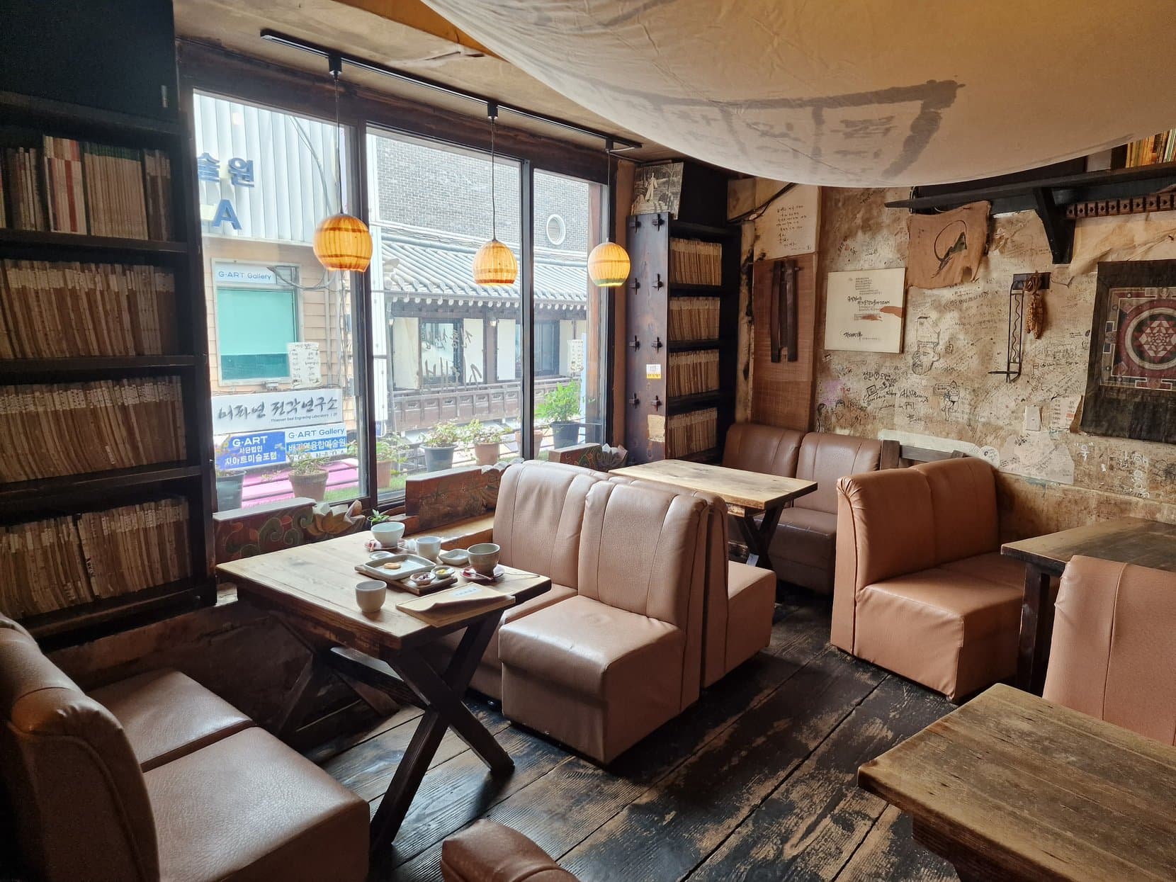 The wooden interior of a traditional teahouse in Insadong, Seoul