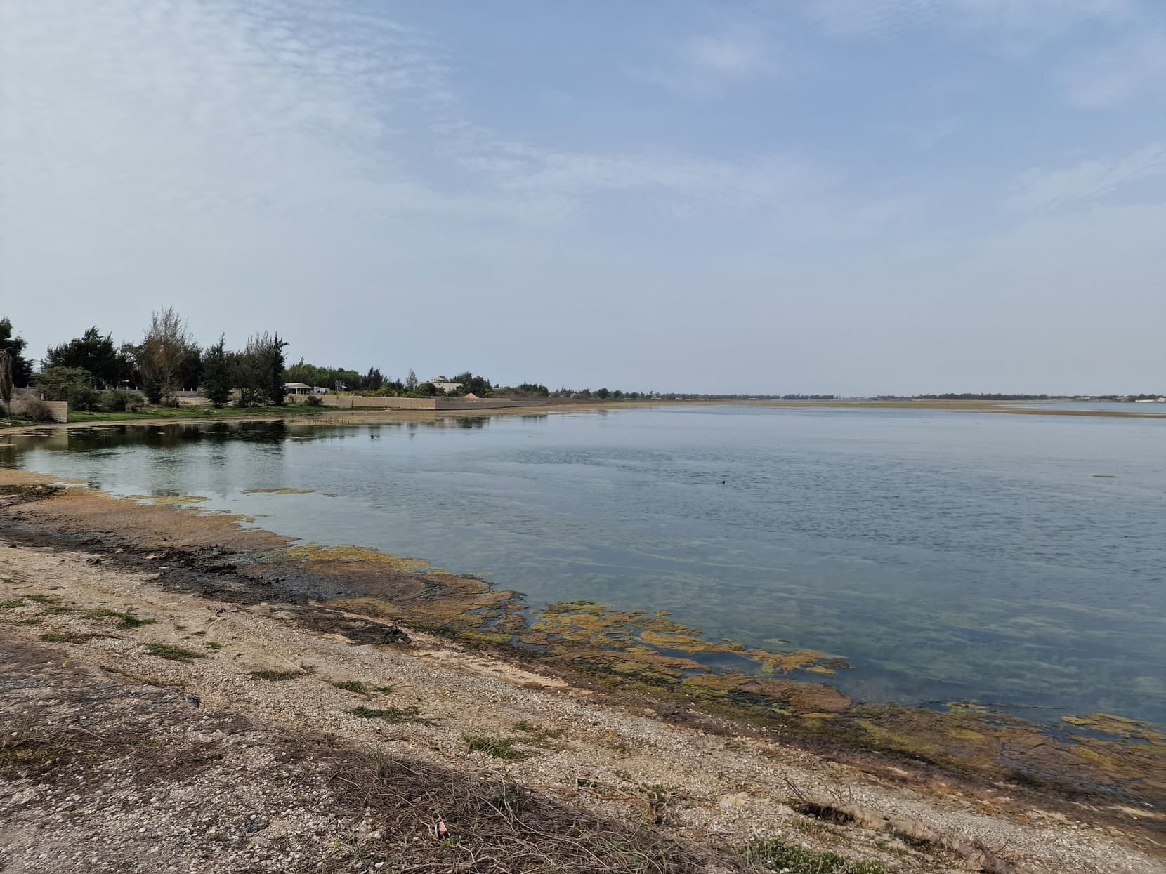 The pale shallow shore of Lac Rose under a flat sky