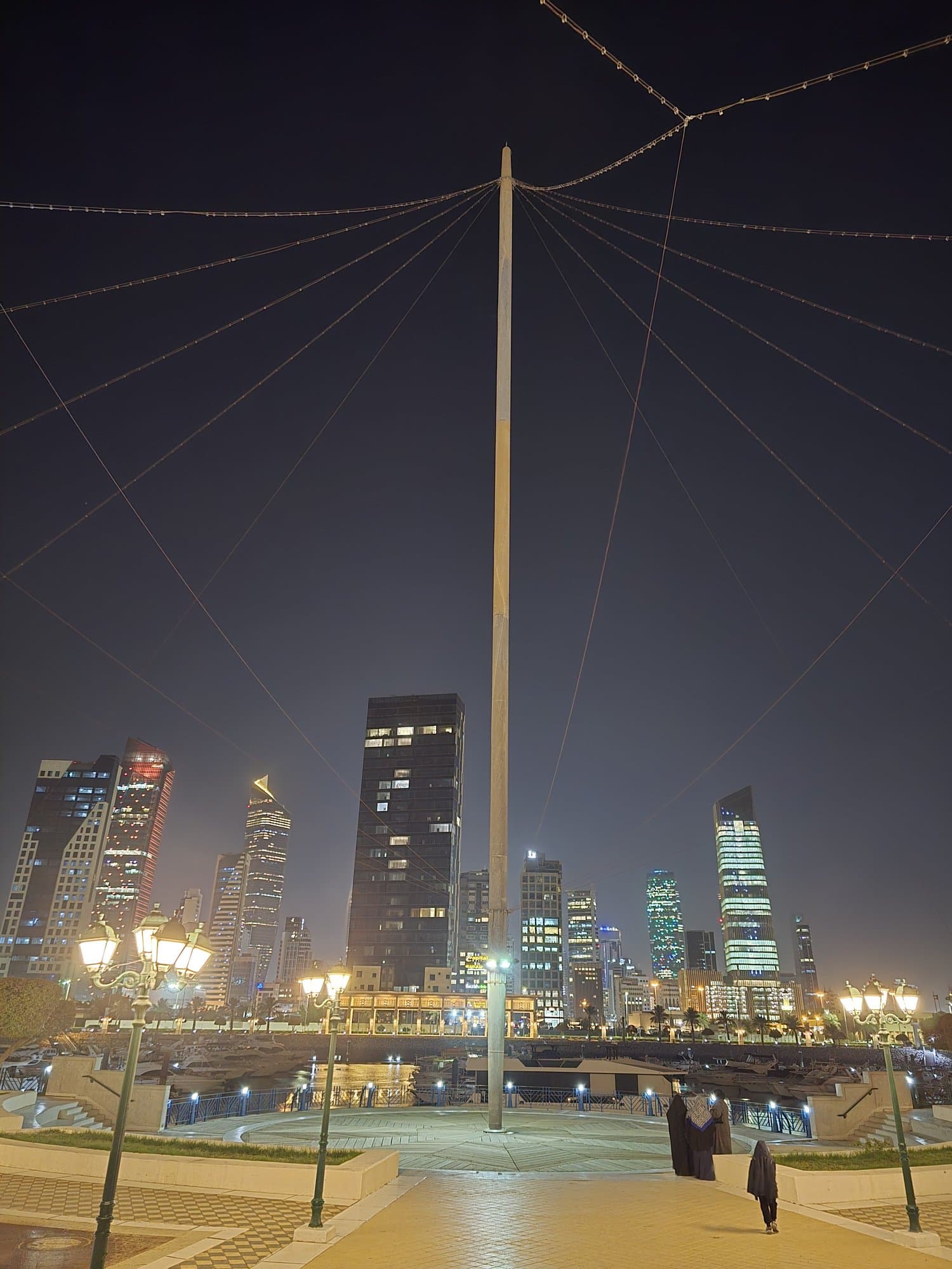The marina flagpole at night with the lit skyline behind