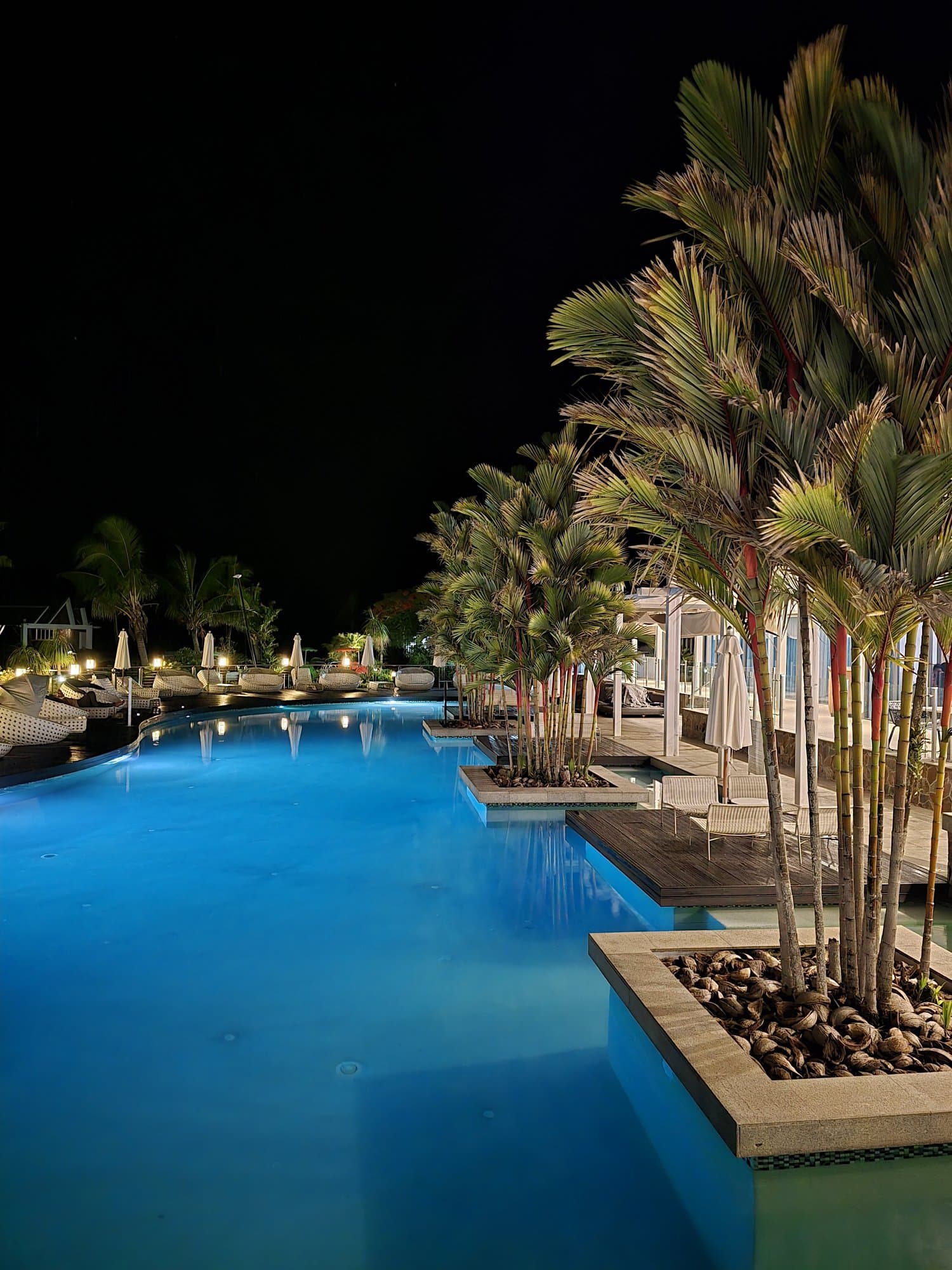 A resort pool under palms at night