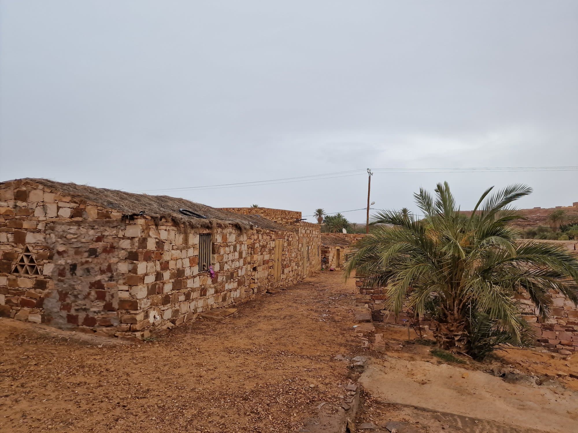 A dry-stone lane in the old town of Ouadane with a palm behind