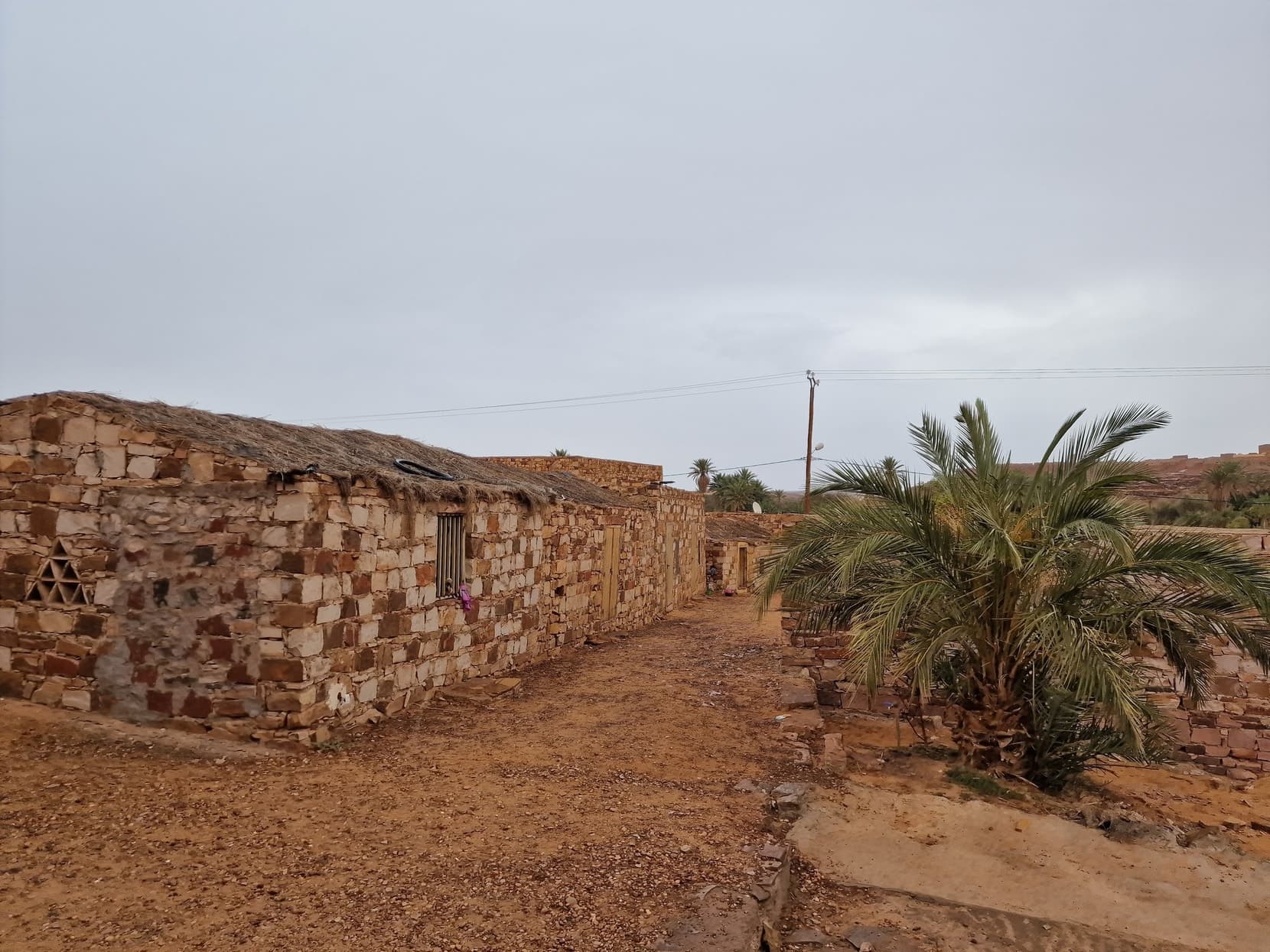 A dry-stone lane in the old town of Ouadane with a palm behind