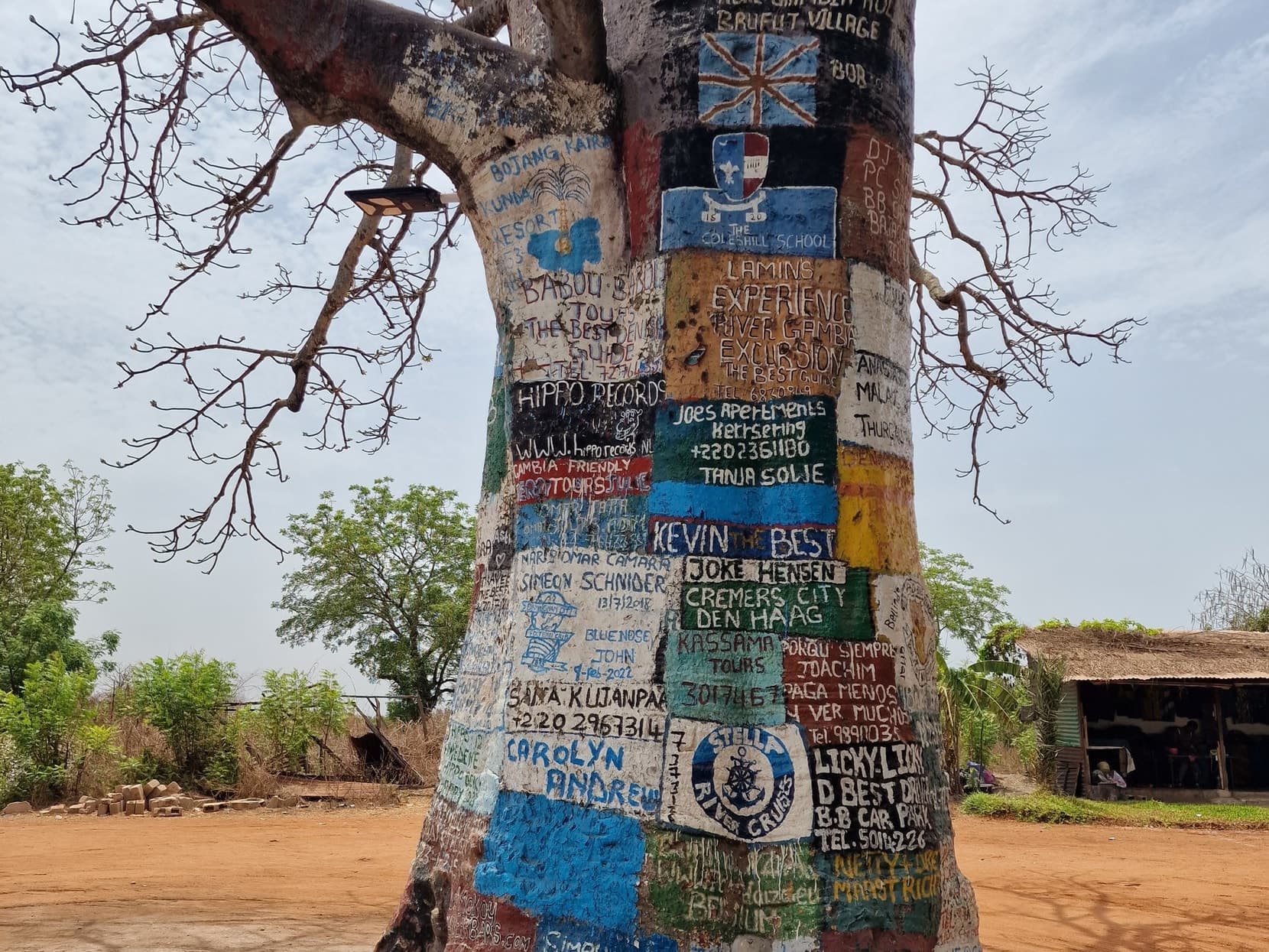 A baobab trunk covered in painted signs near Lamin