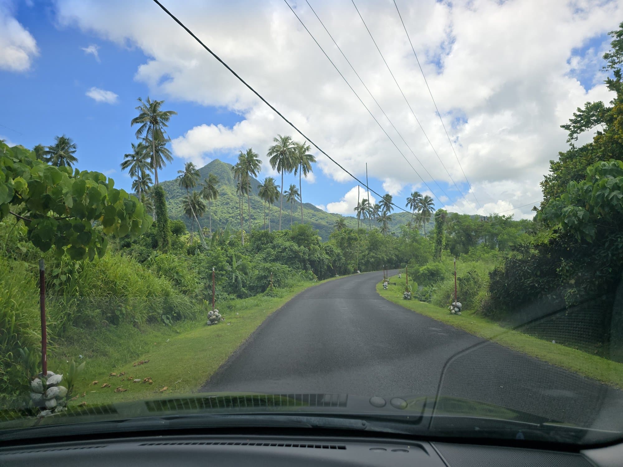 A sealed village road through green gardens on Upolu