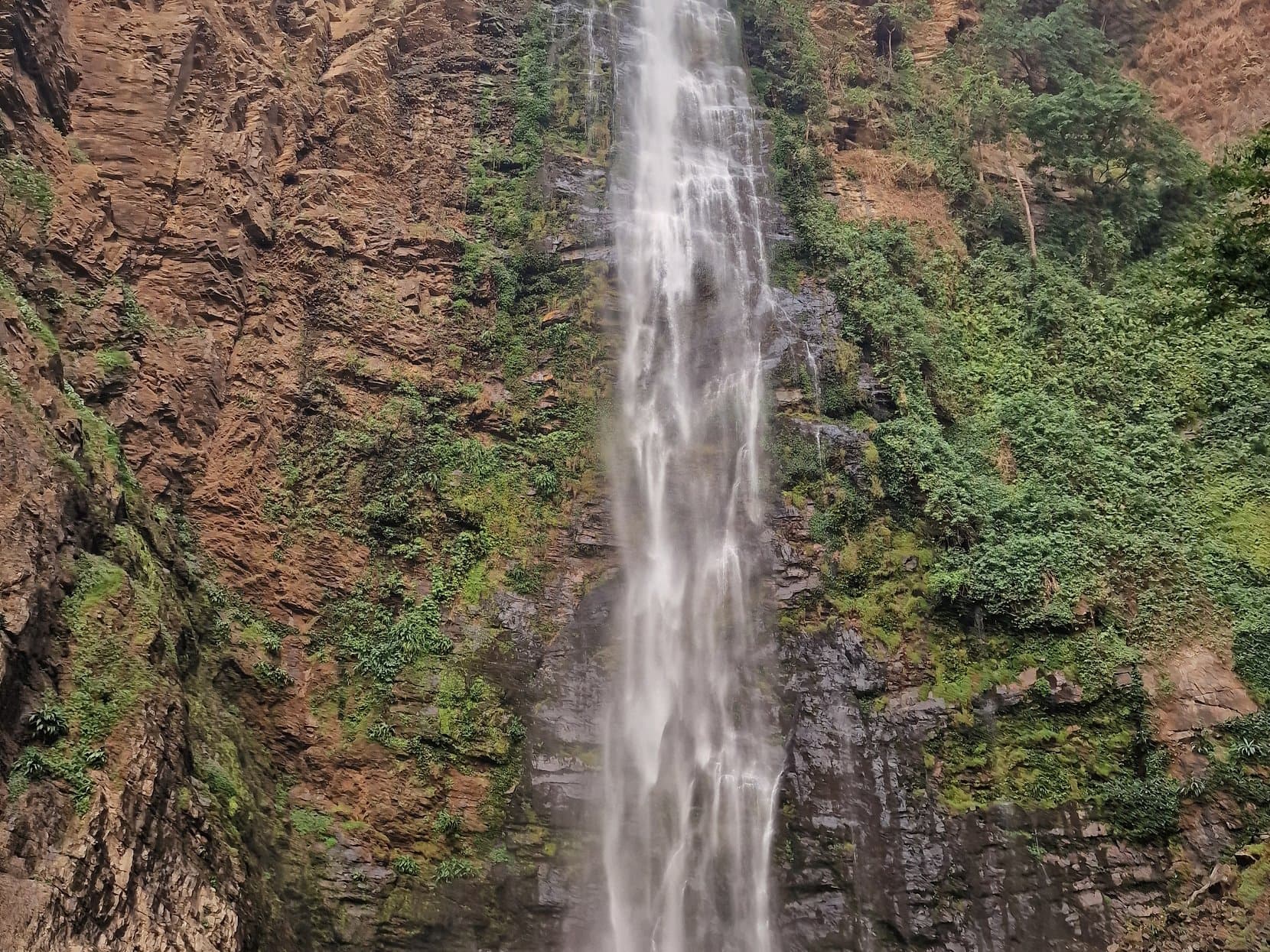 Wli Falls dropping as a single white column down a cliff crowded with trees, Volta Region, Ghana